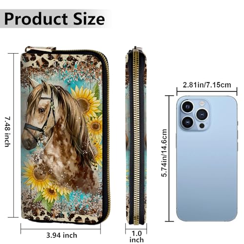 Image of Women's Wallets,Credit Card Holder Money Leather Long Wallet with Wristlet,Large Capacity with Zip-Around Phone Purse for Women Ladies Girls,Horse Leopard Print Sunflower