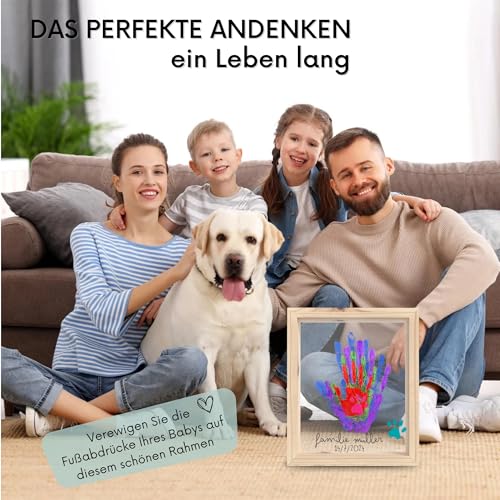 HuBorns - Fußabdruck Baby Set und für die Ganze Familie mit Platz für 4 Familienmitglieder, Rahmen zum Malen Handabdruck Baby, Handabdruck Set Familie, Ideal als Baby Geschenk