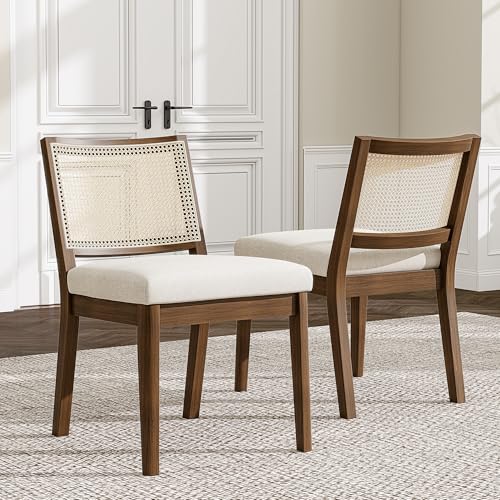 ZKLOEP Juego de 4 sillas de comedor de madera maciza con respaldo de ratán, cómodas y transpirables, adecuadas para comedor, salón, cafetería, estilo moderno, lino, nogal