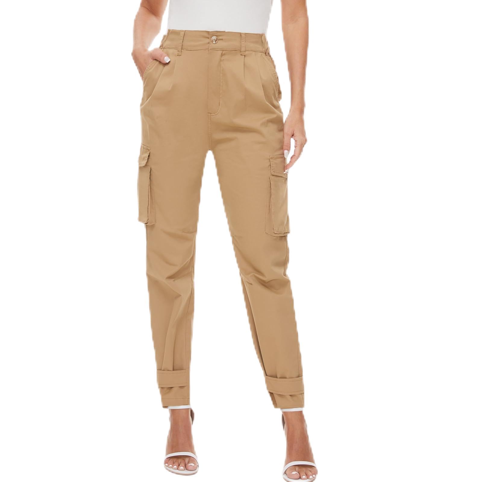 Casei Women High Waisted Wide Leg Pencil Dress Business Cropped Pants Casual Cargo Work Pants with 6 Pockets Medium Khaki