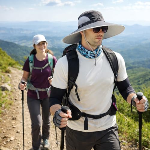 Image of HUAMULAN Super Wide Brim Men Fishing Sun Hats, Sports Outdoor Travel Women Bucket Cap, Golf Cycling Safari Boonie Hat