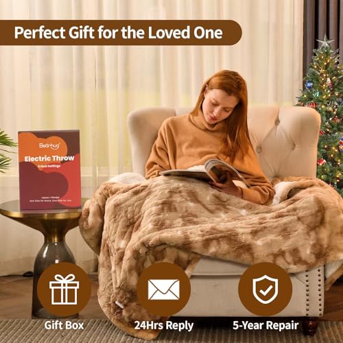 Image of Bearhug Electric Blanket Throw Size, 50 inch x 60 inch Heated Blanket with 6 Heating Levels & 4H Auto Shut-Off, Machine Washable Soft Velvet to Sherpa Reversible Heated Throw for Office, Couch and Sofa