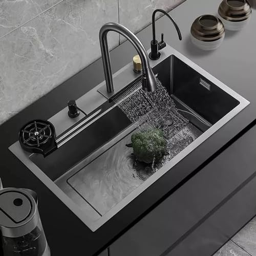 Image of COOTER 30'' x 18'' x 9 inch 304 Grade Kitchen Sink with ANTI SCRATCH HONEYCOMB DESIGN Integrated Waterfall and Pull-down Faucet Set Stainless Steel Sink with Cup washer and Drain Baskets