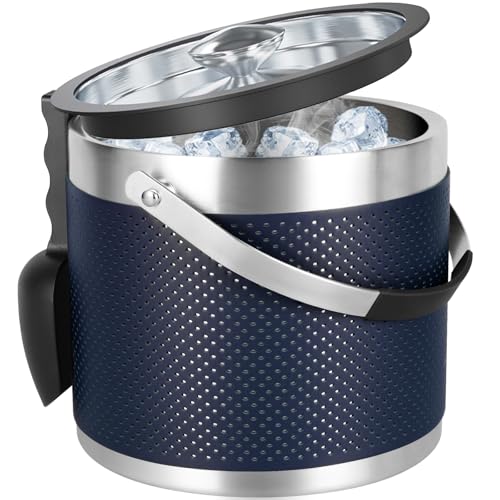 3Quart/3.2L Insulated Stainless Steel Ice Bucket with Lid, Scoop, Leather Design Double Wall Wine Bucket for Cocktail Bar, Parties (Dark Blue)