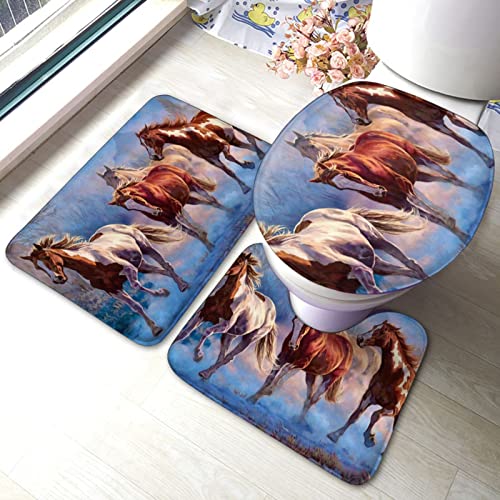 DIRYKILP Badematte + Konturmatte + Toilettendeckelbezug, Laufpferd 3 Stück Badematte Set, mit rutschfester Klebeunterseite