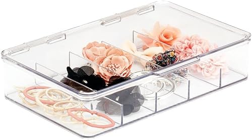 Miniatura 9 de mDesign Caja organizadora apilable de plástico dividida para cabello, maquillaje y joyas con tapa de bisagra para encimera de tocador de baño, 5