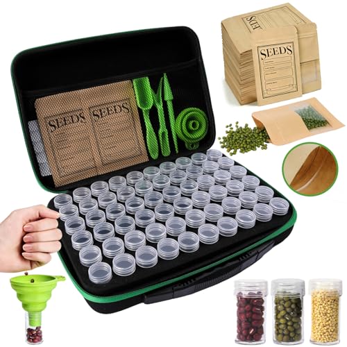 QTFOUND Seed Storage Organizer Box 60 Slots, with 20 Envelopes and Small Tool, Sturdy Seeds Saving Seed Bank Container Kit (Seeds not Included)