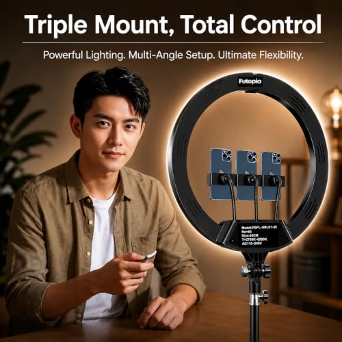 Image of Futopia Professional 45cm (18 Inch) Studio LED Ring Light with Tripod & Remote | 2700-6500K Adjustable Color Lighting | AC Power | 3 Mobile Holders Perfect for Photo & Video Shoot, Instagram Reels