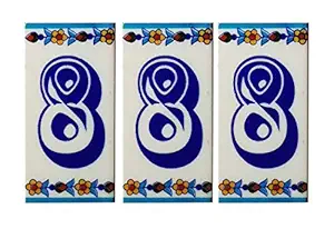 Shiv Kripa Blue Art Pottery Ceramic Decorative 8 Number Multicolour Tile (2 x 4 inch) - Pack of 3 Tiles