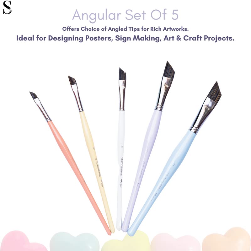 Image of Stationerie Paint Brush Set Handmade Soft Aqua Long Synthetic Hair with Stainless Wire Ideal for Art Paint, Watercolor, Quill, Oil Acrylics, Artists Angular Brush Set of 5(Candy Edition)