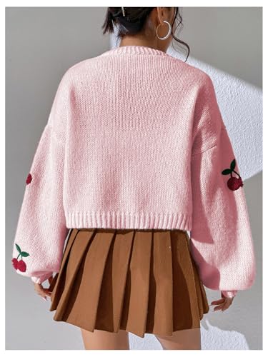 Image of GORGLITTER Women's Cherry Cropped Cardigan Sweaters Open Front Long Sleeve Cute Chunky Knit Short Cardigan Trendy