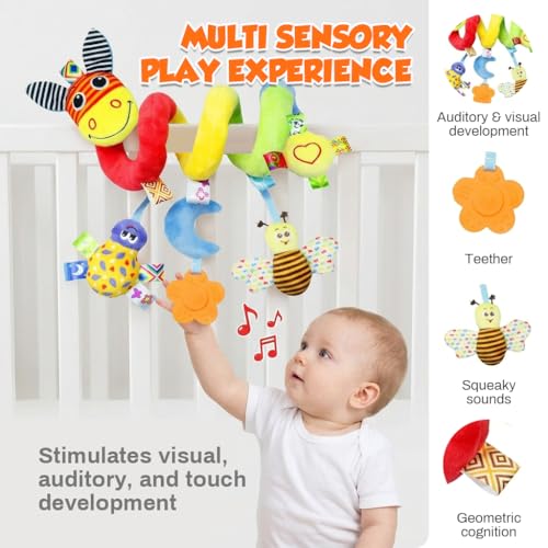 Image of SNOWIE SOFT Baby Spiral Activity Toy for Stroller & Crib, Plush Hanging Toys with Silicone Sensory Toy, Crinkle & Squeaky Cartoon Soft Interactive Car Seat Spiral Wrap Travel Toys