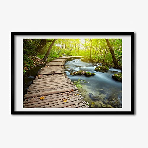 Tableau peinture chemin par la rivière avec cadre en bois moderne MDF