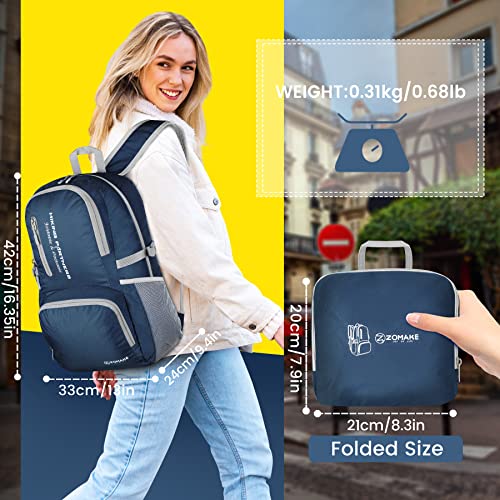 Image of ZOMAKE Lightweight Packable Backpack, 35L Foldable Daypack (Navy Blue) | Light Hiking Backpacks Water Resistant Collapsible Day Pack for Travel, Everyday Carry, Multi-Pocket Layout, Heavy Duty Nylon