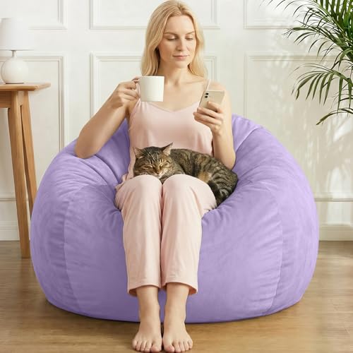 Image of Stuffed Animal Storage Bean Bag Chair Cover for Adults (No Filler), Soft Comfy Velvet Beanbag Chair Cover Machine Washable, Adults Bean Bag Chair with Handle for Living Room Bedroom, Purple