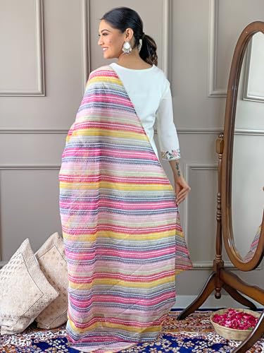 Image of Women's Kurta Set with Floral Print Dupatta, White and Purple