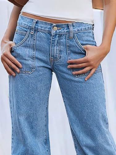 Flamingals Wide Leg Low Rise Casual Flap Pocket Raw Hem Denim Jeans with Pockets2