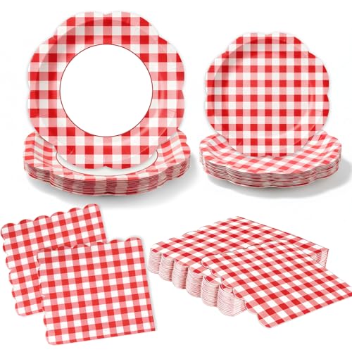 60Pcs Red Gingham Party Supplies Scalloped Checkered Dessert Paper Plates and Napkins Disposable Plaid Tableware Set for Birthday Wedding Baby Shower Spring Family Dinner Party Supplies Serves 20