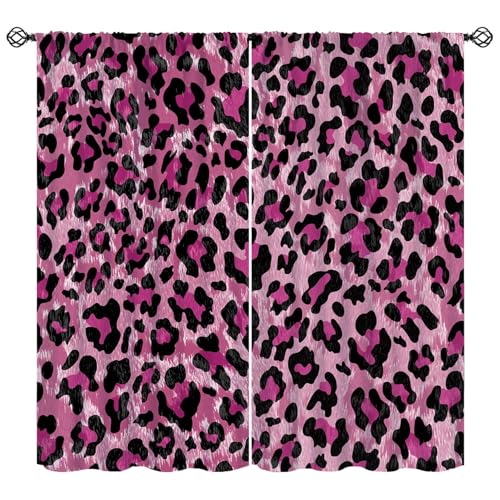 Pink Leopard Curtains, Modern Simple Pink Cheetah Leopard Skin Texture Pattern Blackout Window Treatments, Rod Pocket Thermal Insulated Drapes 2 Panel Sets for Bedroom Living Room, 42"W X 45"L