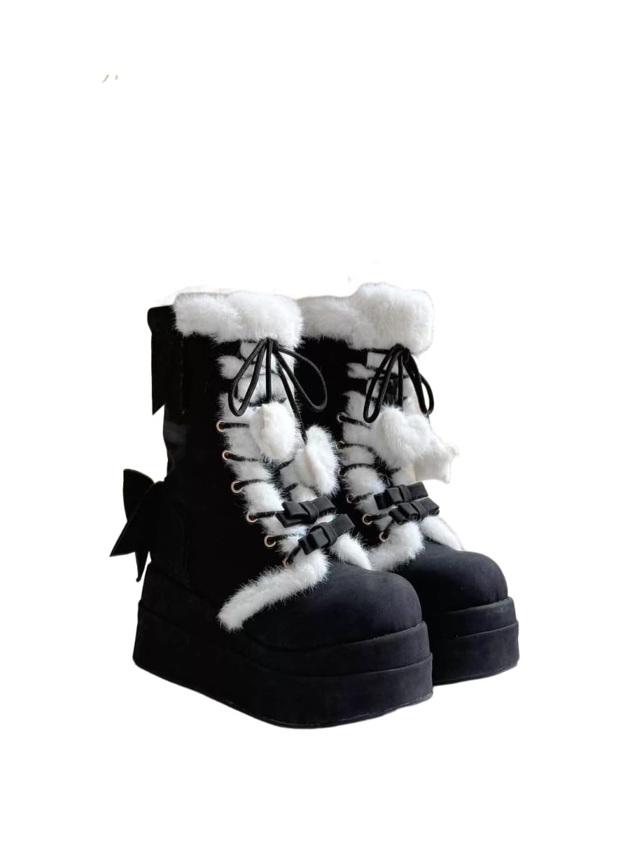 Womens Fuzzy Platform Lolita Goth Boots with Fur Cute Bows Lace Up Chunky High Heel Winter Ankle Booties