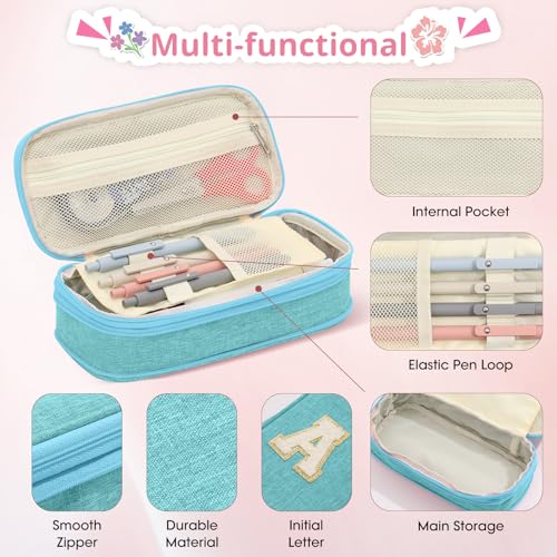 Image of Preppy Pencil Case for School Supplies, Large Initial Pencil Pouch with Zipper, Cute Pencil Bag for Office Supplies, Aesthetic Pen Case Box for Kids Teen Girls Women - R(Blue)