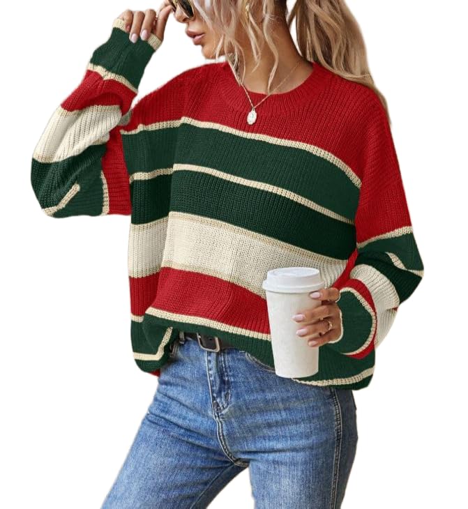 WROLEM Womens Sweaters Long Sleeve Crew Neck Dressy Casual Lightweight Knit Pullover Striped Outfits Trendy Basic Clothes