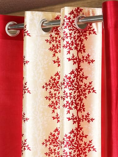 Image of Home Sizzler 2 Pieces Bloom Line Grommet Eyelet Polyester Window Curtains - 5 Feet, Crimson Red