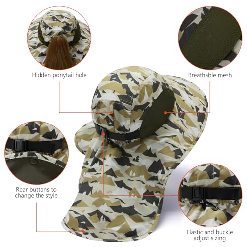 Image of BASSDASH UPF 50+ Unisex Water Resistant Wide Brim Sun Hat with Large Neck Flap Ponytail Fishing Hat for Men Women