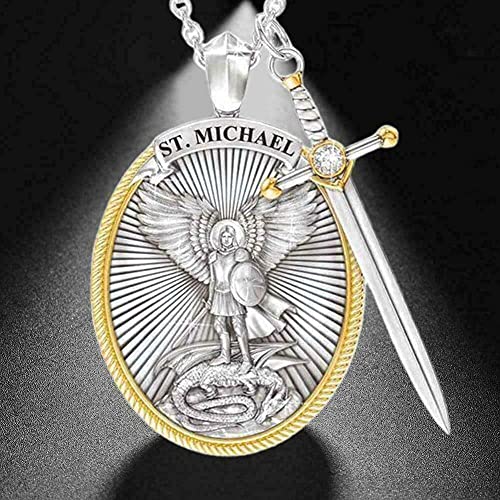 The Archangel Saint Michael/Oval Medal Necklace Protection Prayer Pendant Necklace Seal Solid with A Sword Pendant Necklace -2PCS…4