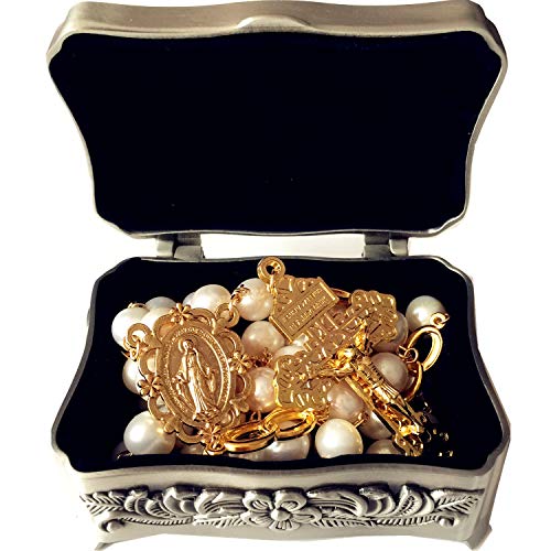 elegantmedical Handmade GOLD White Pearls Bead Necklace Lasso Wedding Rosary Cross Crucifix Catholic gift2