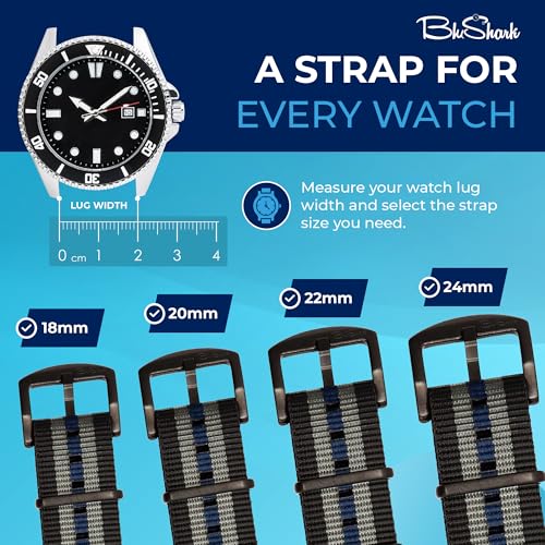 Image of BluShark - Original Collection Military-Style Waterproof Watch Strap, Fits All Timepiece Brands, Durable Nylon Wristwatch Accessories with Stainless Steel Buckle - 18mm, 20mm, 22mm & 24mm Watch Bands