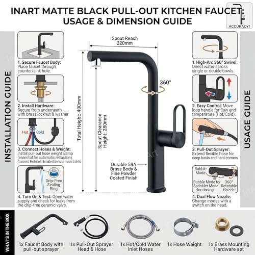 Image of INART Matte Black Kitchen Faucet - Brass Pull Out Sink Mixer Tap with Dual Flow Sprayer, 360 Swivel Spout & Hot Cold Water Control