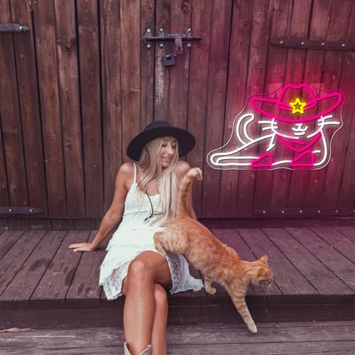 Image of WLHOPE Cowboy Cat Neon Signs for Wall Decor Western Cute Cat LED Lights Decorations for Bar Party Bedroom Club Living Room,Best Gift for Teens