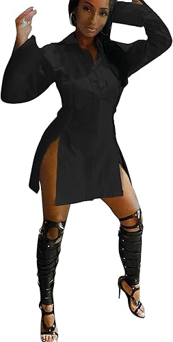 LYANER Minivestido camisero de manga larga con botones y cuello de solapa para mujer