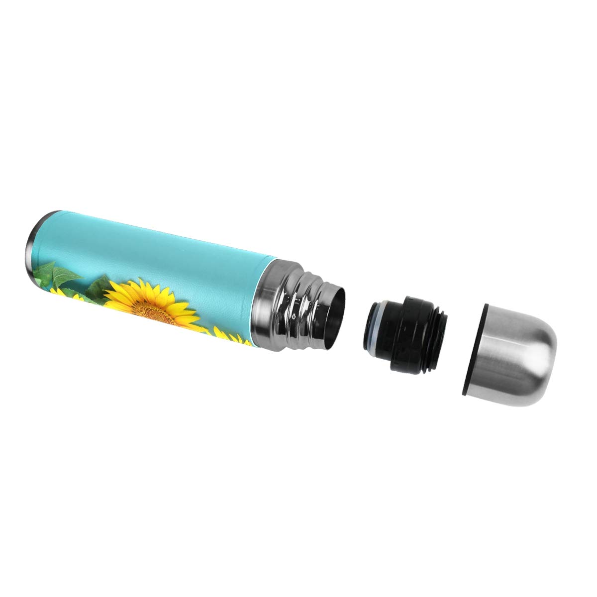 Taza de viaje aislada al vacío de acero inoxidable con doble pared a prueba de fugas, botellas de girasoles con estampado personalizado impreso en piel auténtica, termo de 500 ml