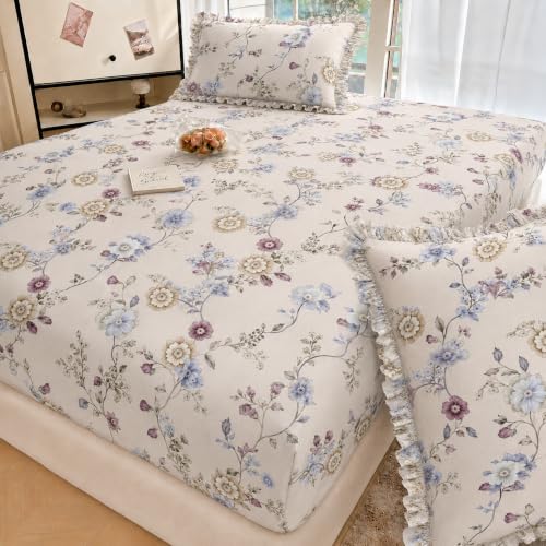 Image of VOMZER EVERLUSH King Size (60x78) 300 TC Soft Cotton Feel Microfiber All Around Elastic Fitted Double Queen Bedsheet with 2 Frill Pillow Covers | Vintage Floral