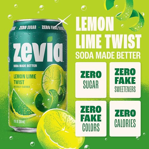 Image of Zevia Zero Sugar Soda, Lemon Lime Twist, 12 oz Cans (24-Pack) - Naturally Sweetened, Non-GMO Project Verified, Gluten-Free, Vegan
