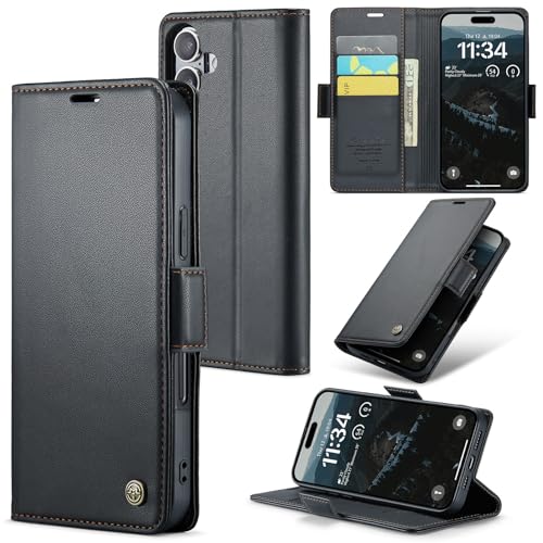 for iPhone 16 Case, RFID Blocking with Kickstand 3 Credit Card Slot and Cash Slot Magnetic Closure Wireless Charging Slim PU Leather Protective Cover - Black Black iPhone 16