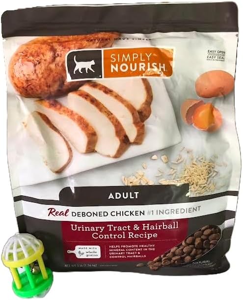 Simply Nourish Adult Cat Food, Deboned Chicken Urinary Tract & Hairball Control Recipe, 3 Pound (1.36 kg) Bag Plus Cat Toy