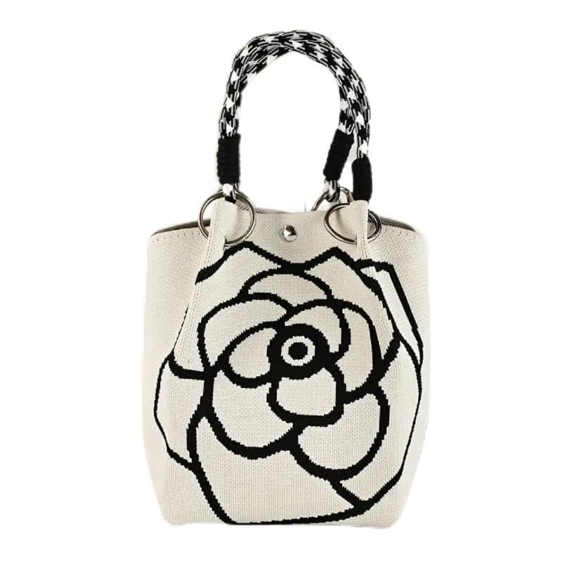 Bolsa de malha floral, bolsa de ombro feita à mão em crochê, adequada para todas as ocasiões, Branco