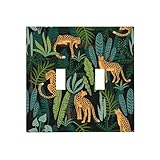 romyessen Leopard Double Toggle Light Switch Cover Bedroom Bathroom 2 Gang Decorative Jungle Wild Animal Electrical Faceplate Green Tropical Leaves Cheetah Wall Plate Mid Size