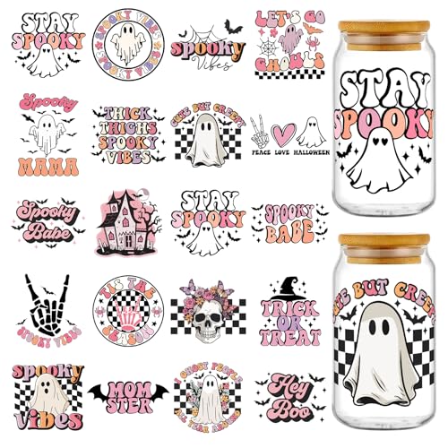 TOMPOP Halloween UV DTF Stickers 20 Sheets Cute Ghost Cup Wraps for 16 oz Glass, Pink Spooky Witch Quote Uvdtf Rub on Transfer Stickers for DIY Halloween Crafts Mugs Tumblers