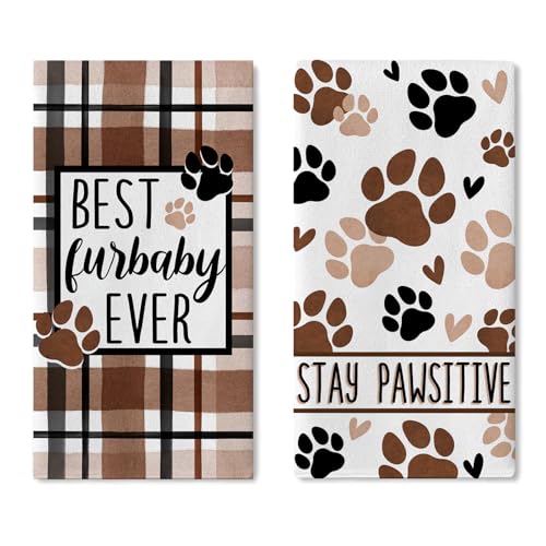Croar Dog Cat Paw Print Kitchen Dish Towels Set of 2, Best Furbaby Ever
