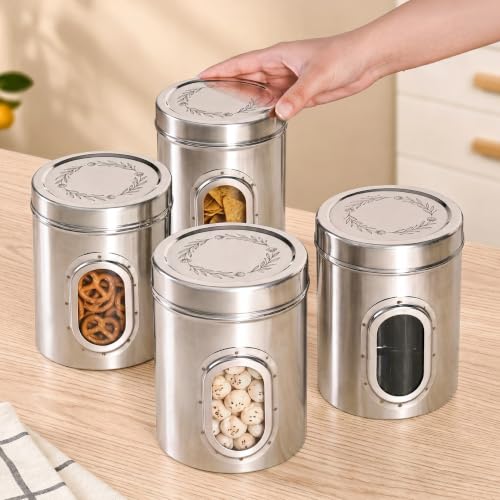 Image of Nestasia Stainless Steel Jar with Lid Set of 4 (1.25L Each) - Airtight & Rust Resistant Container for Kitchen Storage | Etched Floral Dabba with See Through Window - Ideal for Snacks, Cookies & Pulses