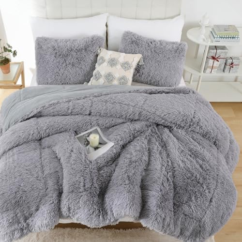 Smoofy Fluffy King Size Comforter Set, Faux Fur Comforter Set, Luxury Fuzzy King Bedding Set, Soft Shaggy Bed Set for All Season, 3 Pieces - 1 Comforter & 2 Pillowcases, Grey