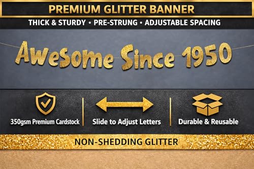 Image of Pre-Strung Awesome Since 1950 Gold Glitter Banner - Funny 76th Birthday Decorations for Men and Women - Birthday Party Supplies and Gifts