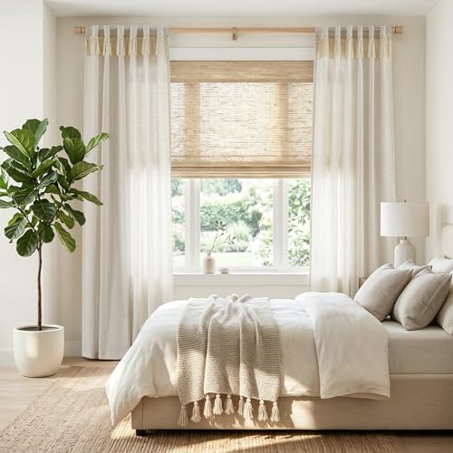 Image of jinchan Linen Curtains for Living Room Bedroom Light Filtering Semi Sheer Curtains Boho Farmhouse French Country Cottage Core Decor Window Drapes Back Tab 84 Inch Length Tassel Beige