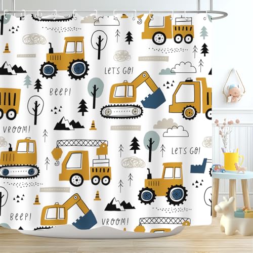 Image of Construction Truck Shower Curtain Cartoon Excavator Vehicle Tractor Cars for Boys Kids Machinery Navy Blue Yellow Bathroom Decor Waterproof Fabric 72Lx72W Inch with Hooks