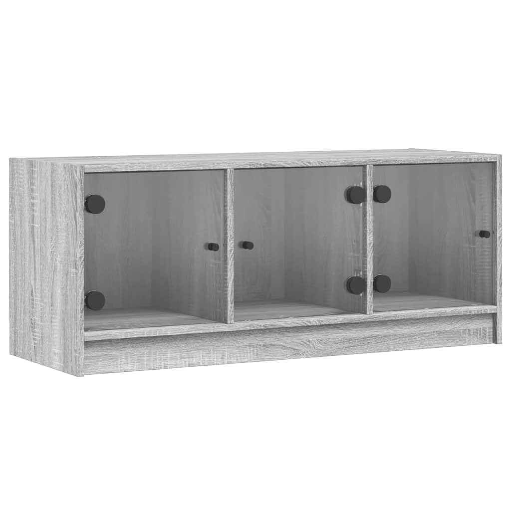 TV-Schrank mit Glastüren Grau Sonoma, 102x37x42 cm, Holzwerkstoff Modernes Design, Geräumiges Media-Center für Wohnzimmer und Schlafzimmer, Hohe Belastbarkeit