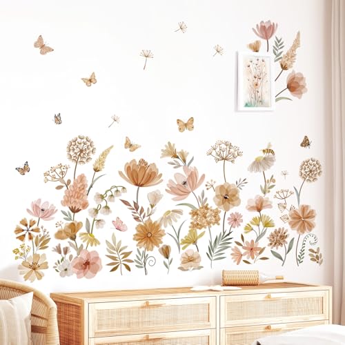 decalmile Wandtattoo Boho Blumen Wandaufkleber Wildblume Schmetterling Löwenzahn Pflanzen Wandsticker Wohnzimmer Schlafzimmer Büros Wanddeko